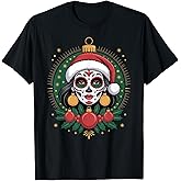Christmas Sugar Skull Art Woman Santa Hat Festive Design T-Shirt