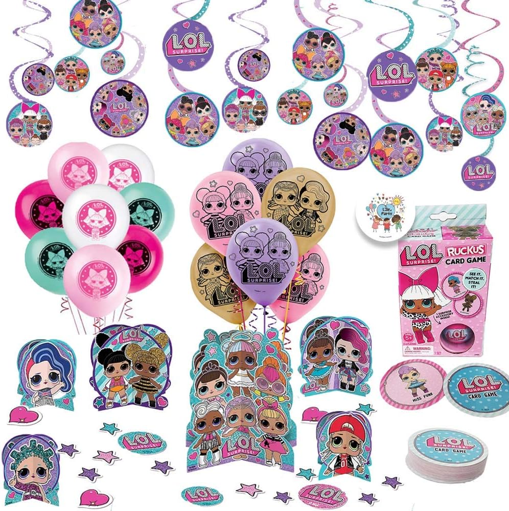 Amazon.com: LOL Surprise - Juego de decoraciones de fiesta con globos, kit de decoración de mesa, decoración de remolino, juego de cartas LOL y pin exclusivo de Other Dream: Toys \u0026 Games