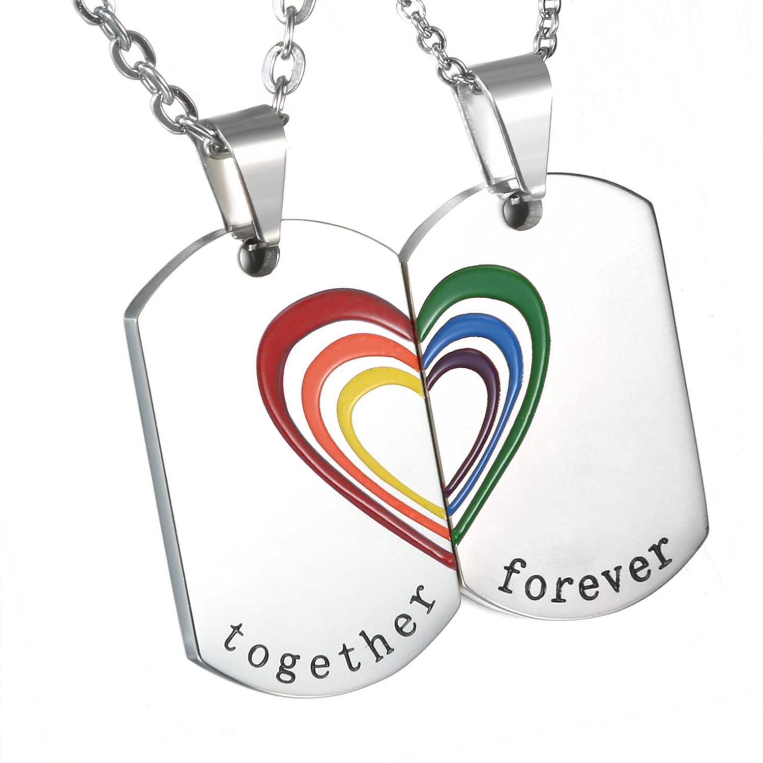 Cupiamtch 2PCS Couple Necklace Stainless Steel Rainbow Heart Matching Dog Tag Pendant for Men Women with Chain (couple necklace)