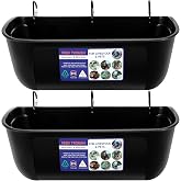 Goovilla Large Feed Trough, Hanging or Screw-in, 2 Pack 9 Quart, Black | With Clips and Screw, Goat Feeder Supplies, Dog Horse Hog Pig Livestock Poultry Plastic Feeder Trough Bucket for Large Animal