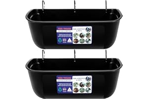 Goovilla Large Feed Trough, Hanging or Screw-in Fence Feeder with Clips, 2 Pack 9 Quart Goat Feeder Supplies, Dog Horse Hog Pig Livestock Poultry Plastic Feeder Trough Bucket for Large Animal, Black