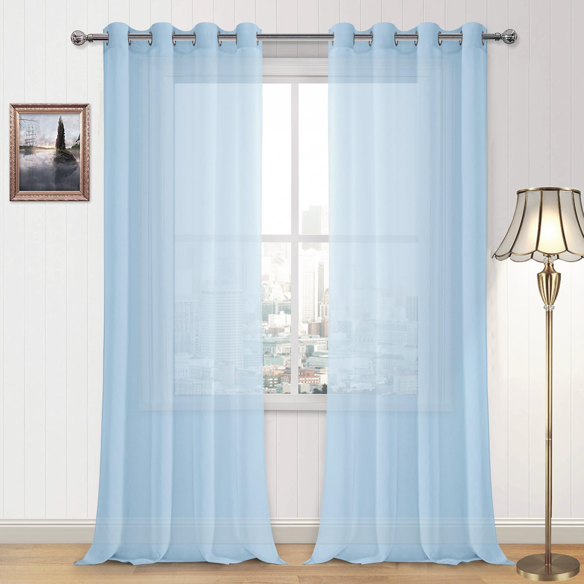 DWCN Sky Blue Faux Linen Sheer Curtains - Grommet Voile Semi Window Curtain Drapes for Bedroom Living Room 52 x 90 inches Long, Set of 2