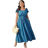 ShopWonder Women Plus Size Boho Maxi Dress Short Sleeves High Waist Ruffle Casual Summer Dress with Pockets