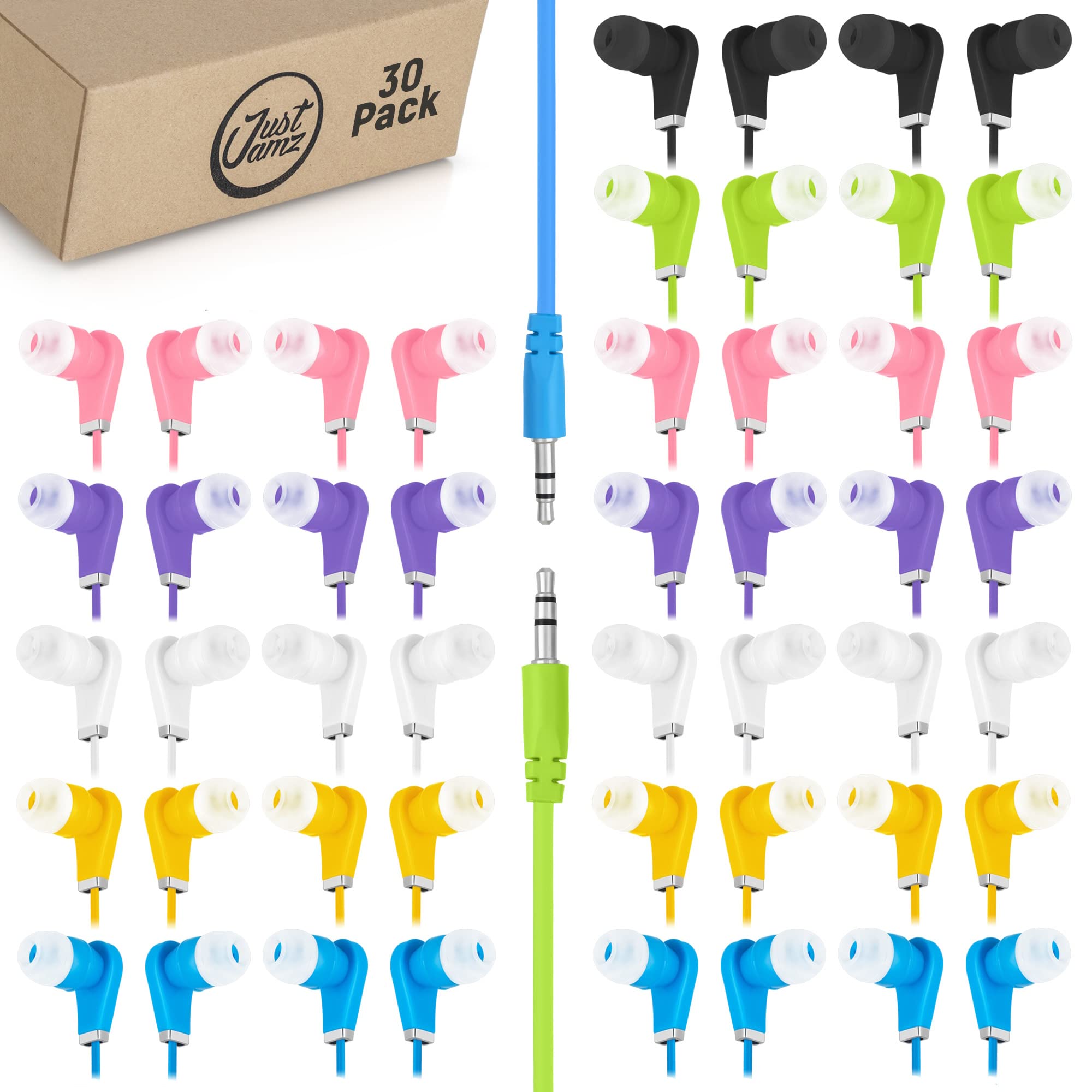 JustJamz Earbuds Bulk Bits, 30 Pack | Multicolored Earbuds Pack, in-Ear 3.5mm Stereo in-Ear Headphones, Ear Buds Bulk, Disposable Headphones, Multi-Color Earphones | School, Classroom, Library