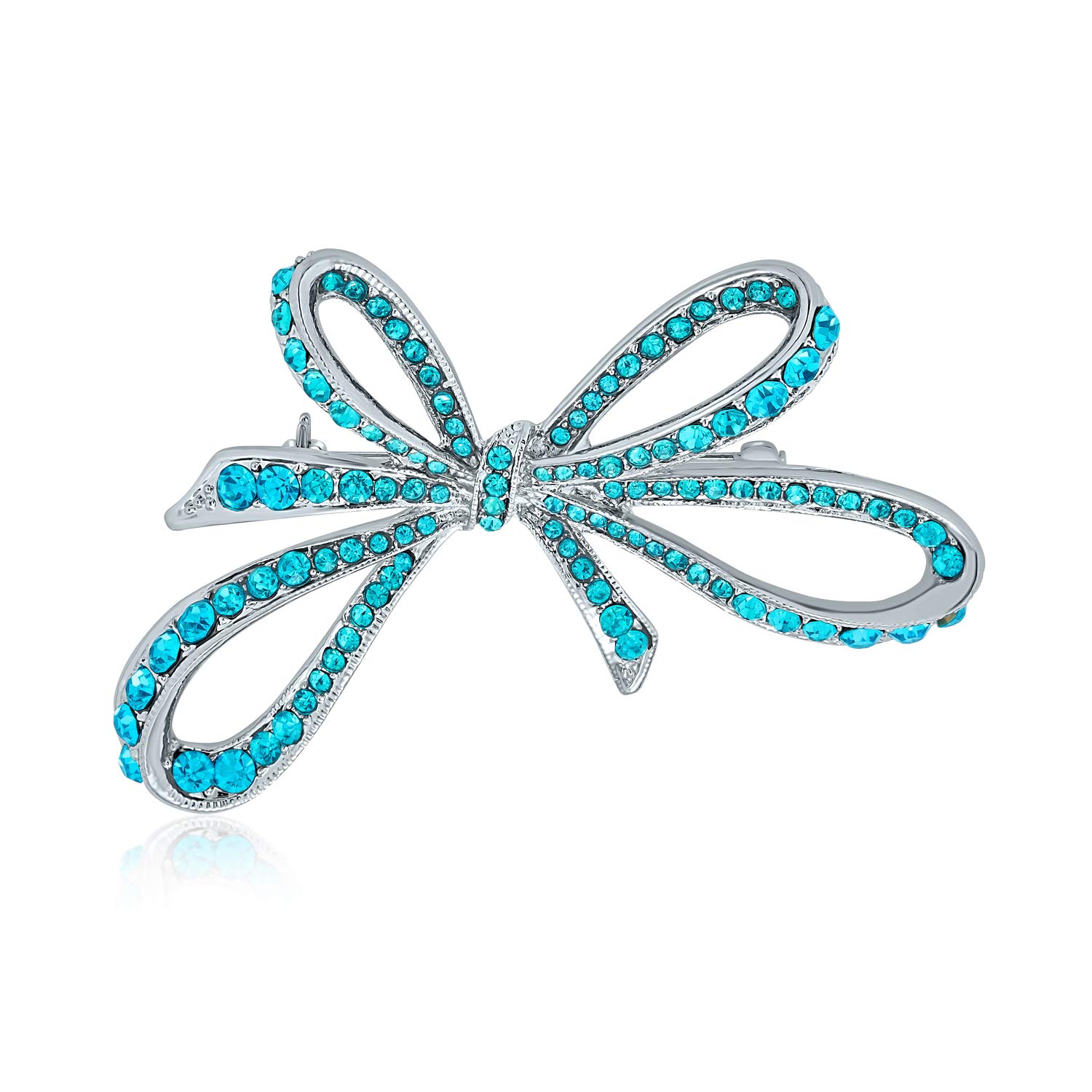 Winter Wedding Holiday Blue Glittering Crystal Bridal Fashion Large Statement Ribbon Bow Scarf Brooch Pin For Women Silver Plated