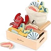 PairPear Wooden Play Food Cutting Seafood Set - Toddlers Wooden Toy Food Pretend Play Kitchen Accessories for 3 Years Old Boys Girls Early Education Toys Gift