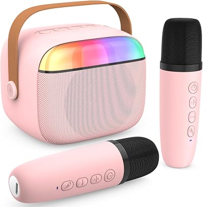 PKBD Karaoke Machine for Kids with 2 Wireless Microphones Pink Bluetooth Speaker