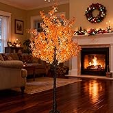 TYBEEU 6FT 5-Leaf Lucky Tree Christmas Tree with Warm White Lights - 300 LEDs Weatherproof Indoor/Outdoor Lighted Maple Tree, 16ft Extension Cord & Stakes, 4 Dimming Modes + Timer (Yellow&Red)