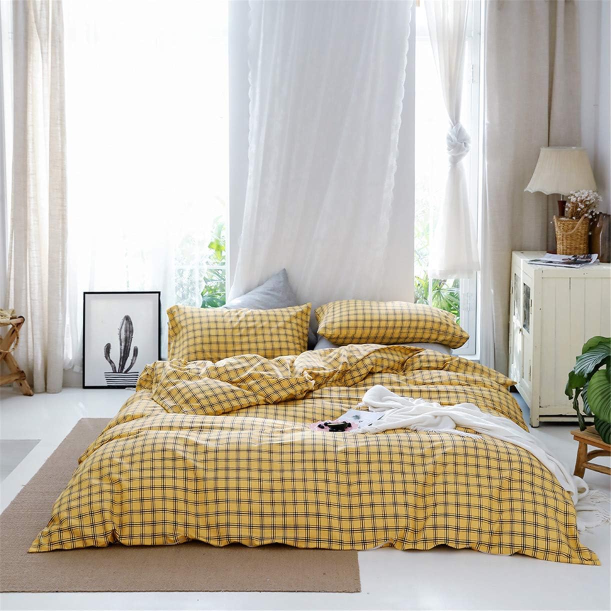 Amazon Com Hmt Nf Farmhouse Yellow Grid Plaid Twin Size Duvet Cover Set Gingham Aesthetic Bedding Set 100 Cotton 1 Duvet Cover 1 Pillowcase Home Kitchen