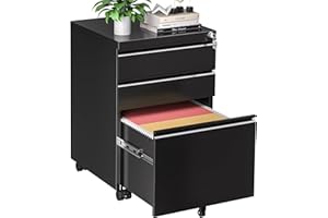 INTERGREAT 3 Drawer File Cabinet, Metal Filling Cabinets with Lock, Locking Office Mobile Cabinet with Wheels for Legal/Letter Size, Under Desk, Assembled, Black