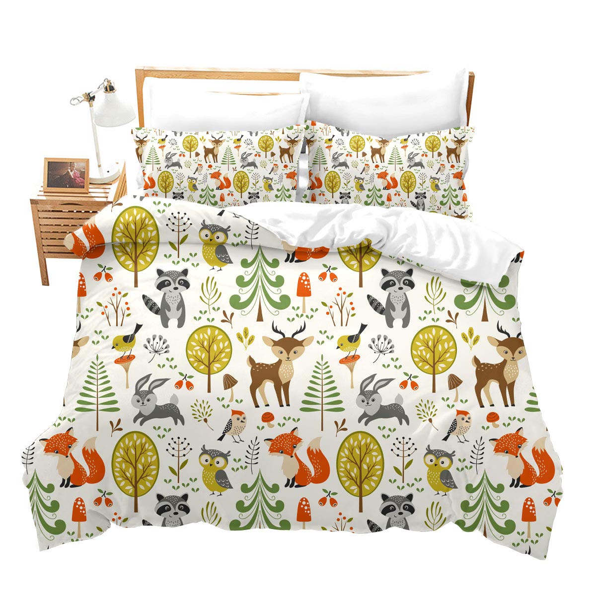 Kids Bedding Set Single Animal Park Decor Fox Deer Comforter Set 2Pieces Forest Decker Birds Comforter Cover Rabbit Bedding 100% Microfiber Tropical Duvet Cover with 2 Pillow Shams Zipper Ties