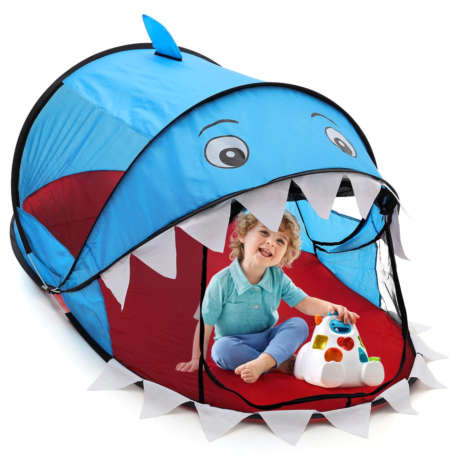 BTGGG Kids Pop Up Tent for Indoor Outdoor Children Play House for Toddlers 2 3 4 Years Old, Foldable Portable Toddler Playhouse Christmas Birthday Gift for Age 3-8 Kids 182 x 96 x 82cm, Blue Shark