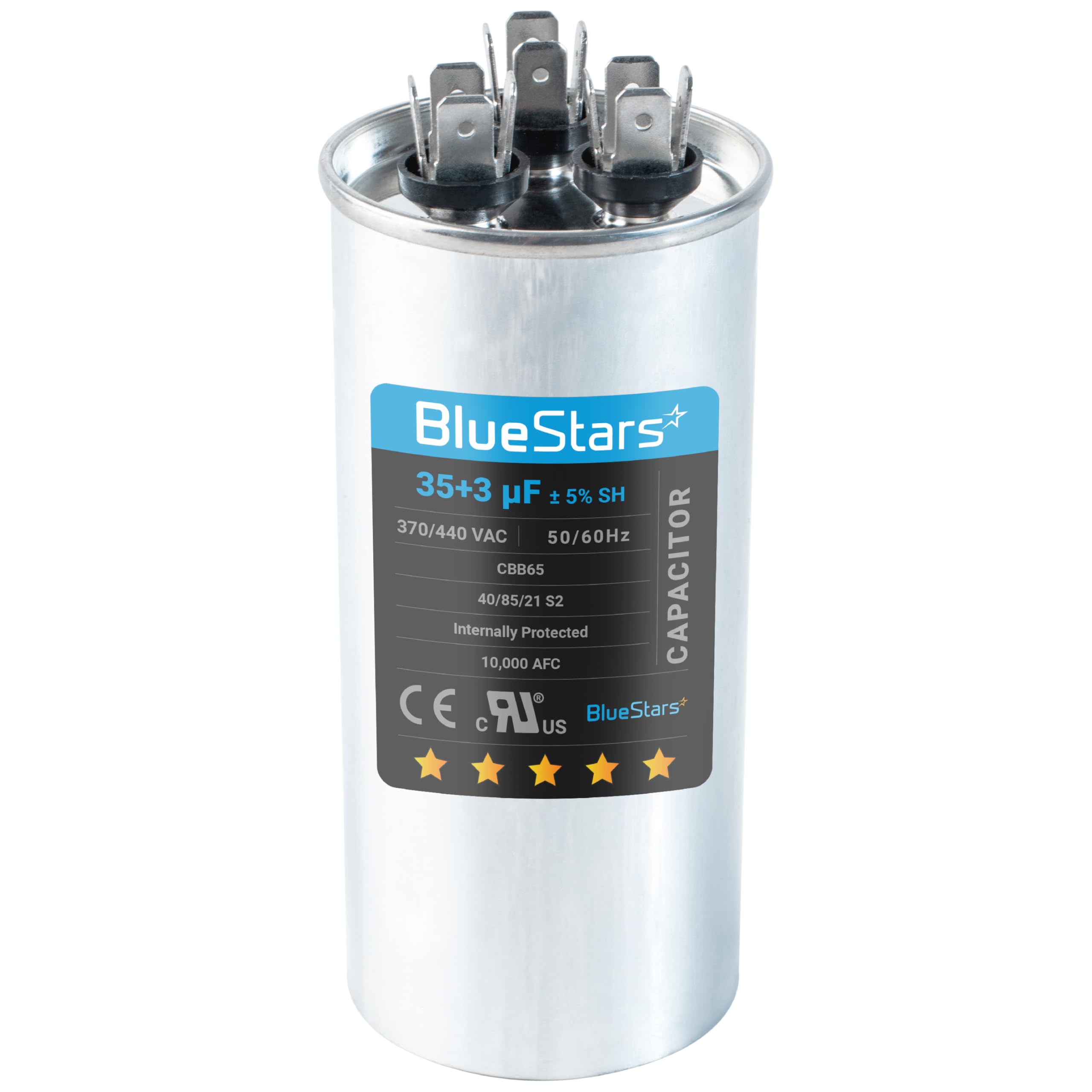 Photo 1 of ***(MINOR DAMAGE/ SEE NOTES)***[UL Certified] BlueStars 35+3 MFD 35/3 uf 370 or 440 VAC Dual Run Round Capacitor CBB65 - Fit for Condenser Straight Cool Heat Pump Air Conditioner AC Motor - Replaces USA2226BA 97F9472 C3353R