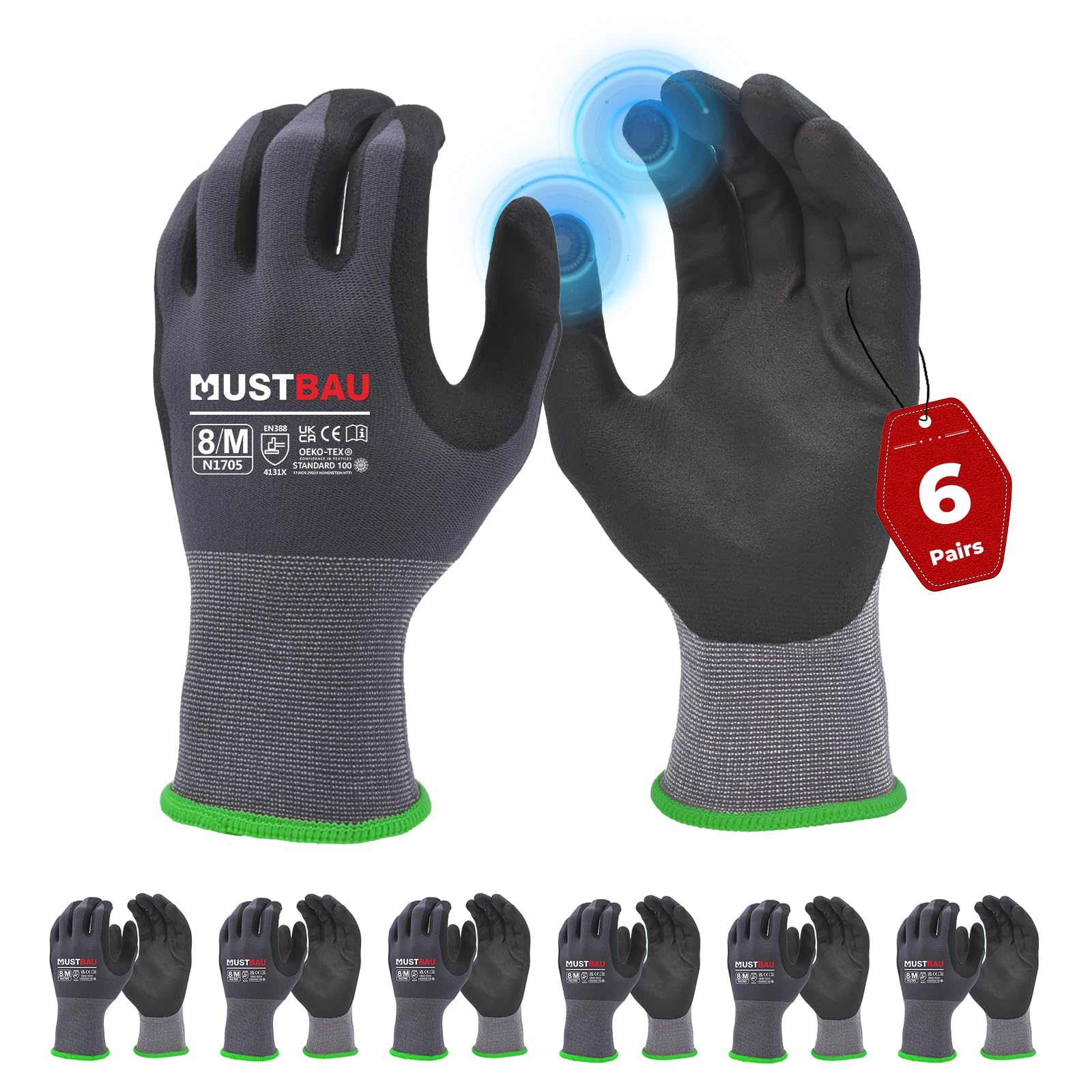 Mustbau 6 Pairs Safety Work Gloves,Non-Slip Gardening Gloves, Abrasion Resistant Nylon Working Gloves,Good Grip on Palm and Fingers,Ideal for Men Women General Duty Work-M