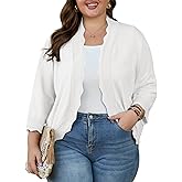 OLRIK Plus Size Cardigan for Women 3/4 Sleeve Lightweight Casual Open-Front Ribbed Wave Edges Knit Cropped Shrugs Sweaters