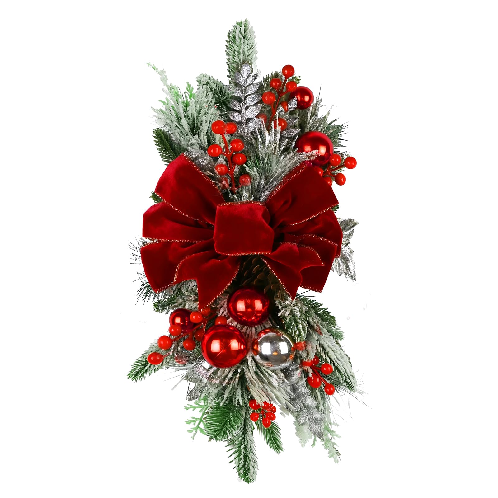 Photo 1 of 1 Pack 24 Inch Christmas Swags - Large Snow Teardrop Swag for Stair Window Mantle Fireplace Door Christmas Decorations, Pine Cone with Red Bow & Red Berries Garlands, Xmas Wreath Indoor Outdoor Decor