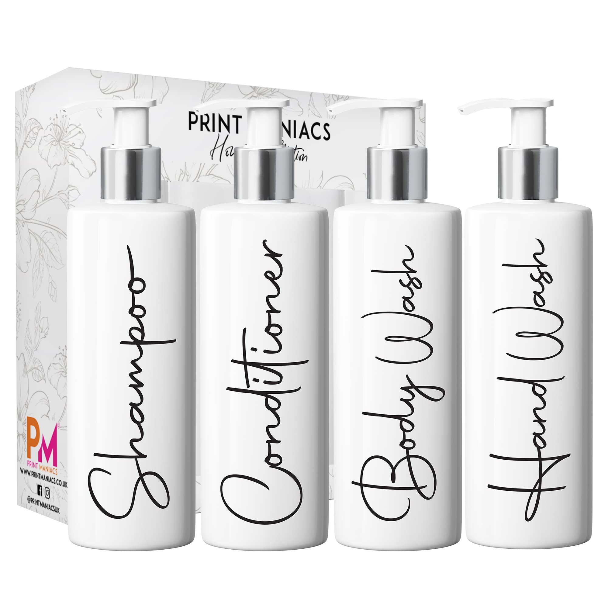 Print Maniacs White Mrs Hinch Inspired Personalised 500ml Pump Bottles Bathroom Lotion Kitchen Set Shampoo Conditioner ( Hand Wash Set , F2) (Black)