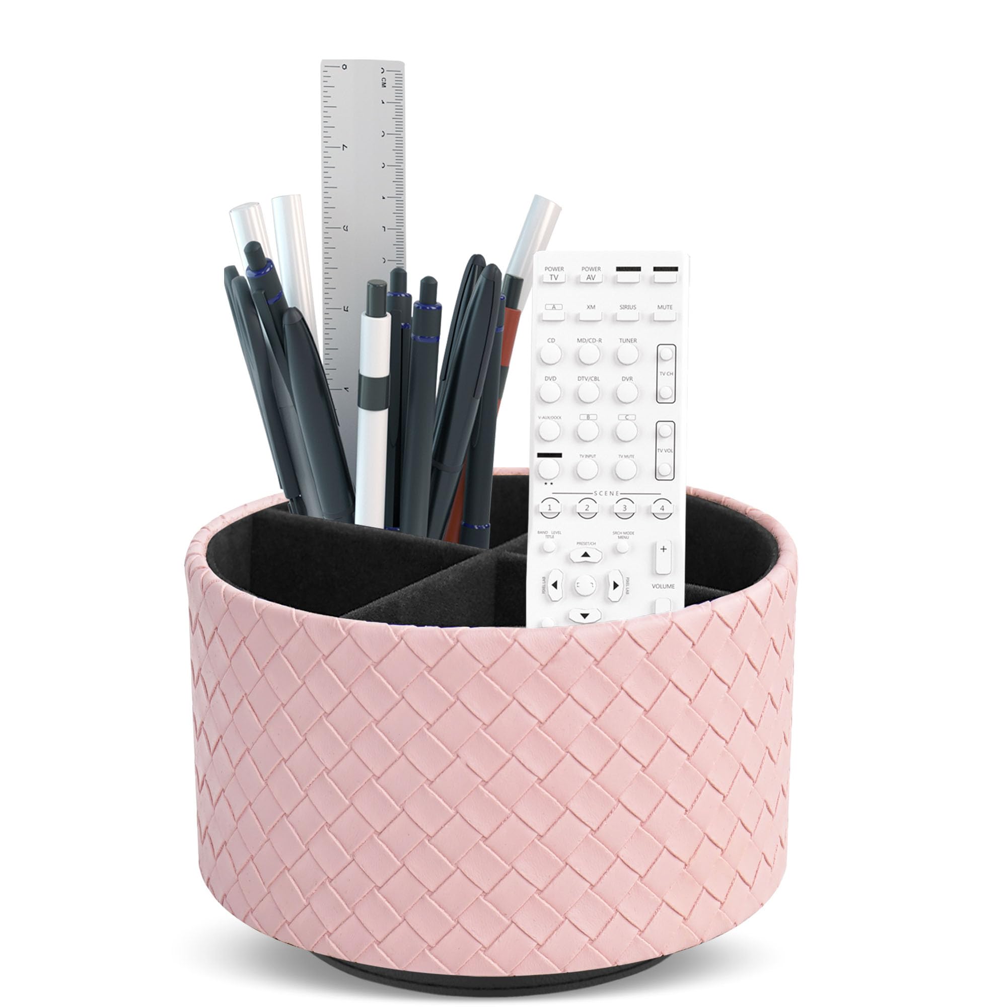 Czzmy Round Leather Art Supply Organizer,Remote Control Holder,360 Degree Spinning,Multi-Functional Pencil Holder,4 Compartments Desktop Stationary Organizer(1-Weave Pink)