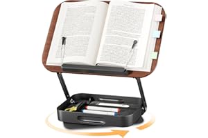 Adjustable Book Stand for Reading with Storage Drawer – 360° Rotating, Height Adjustable, Extra-Wide Page Clips for Thick Boo