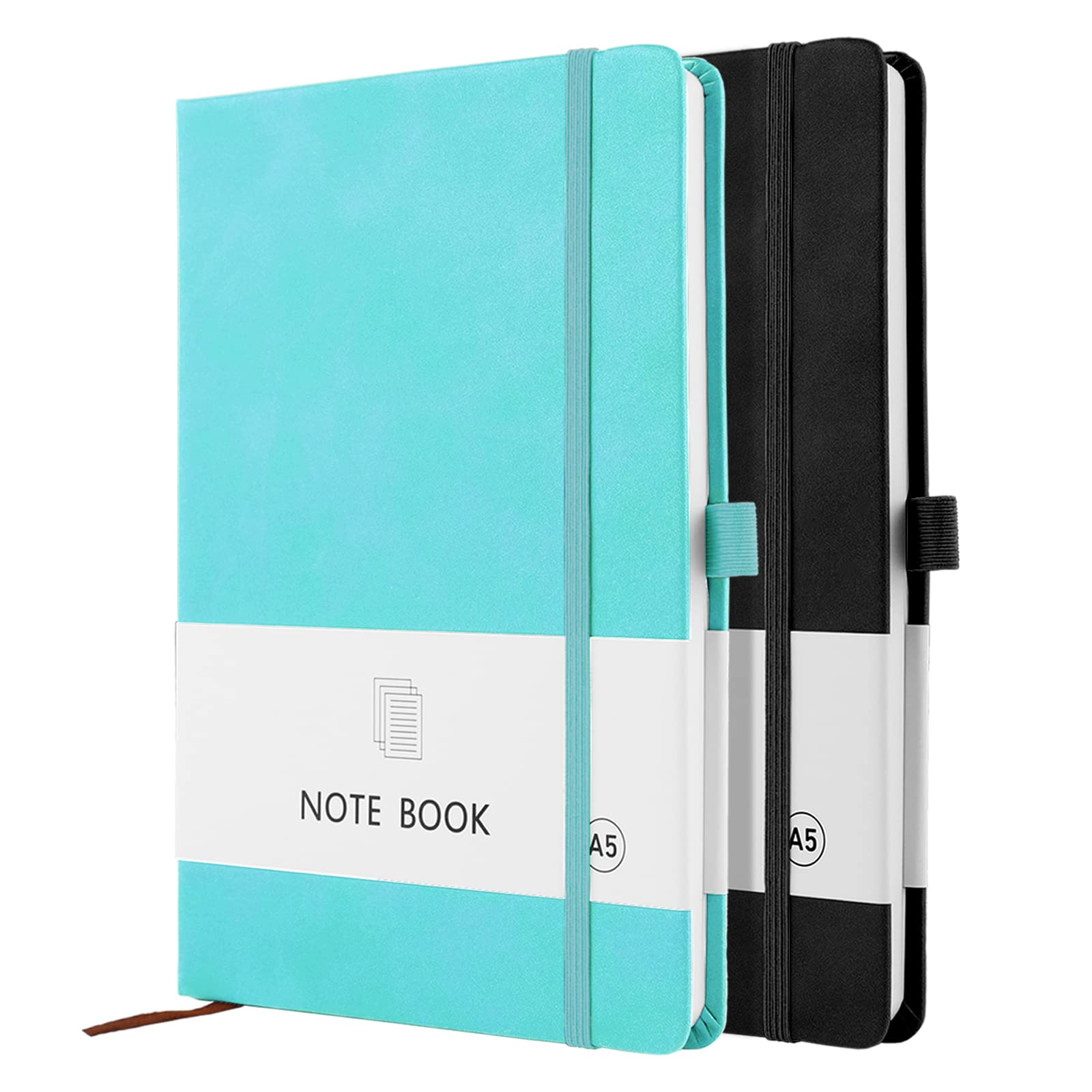 A5 Notebook, 2 Pack Notebook A5 200 Pages 100 GSM Journal Notebook Hardback Notepad with Bookmark, Pen Loop, and Elastic Closure (Black+Cyan)