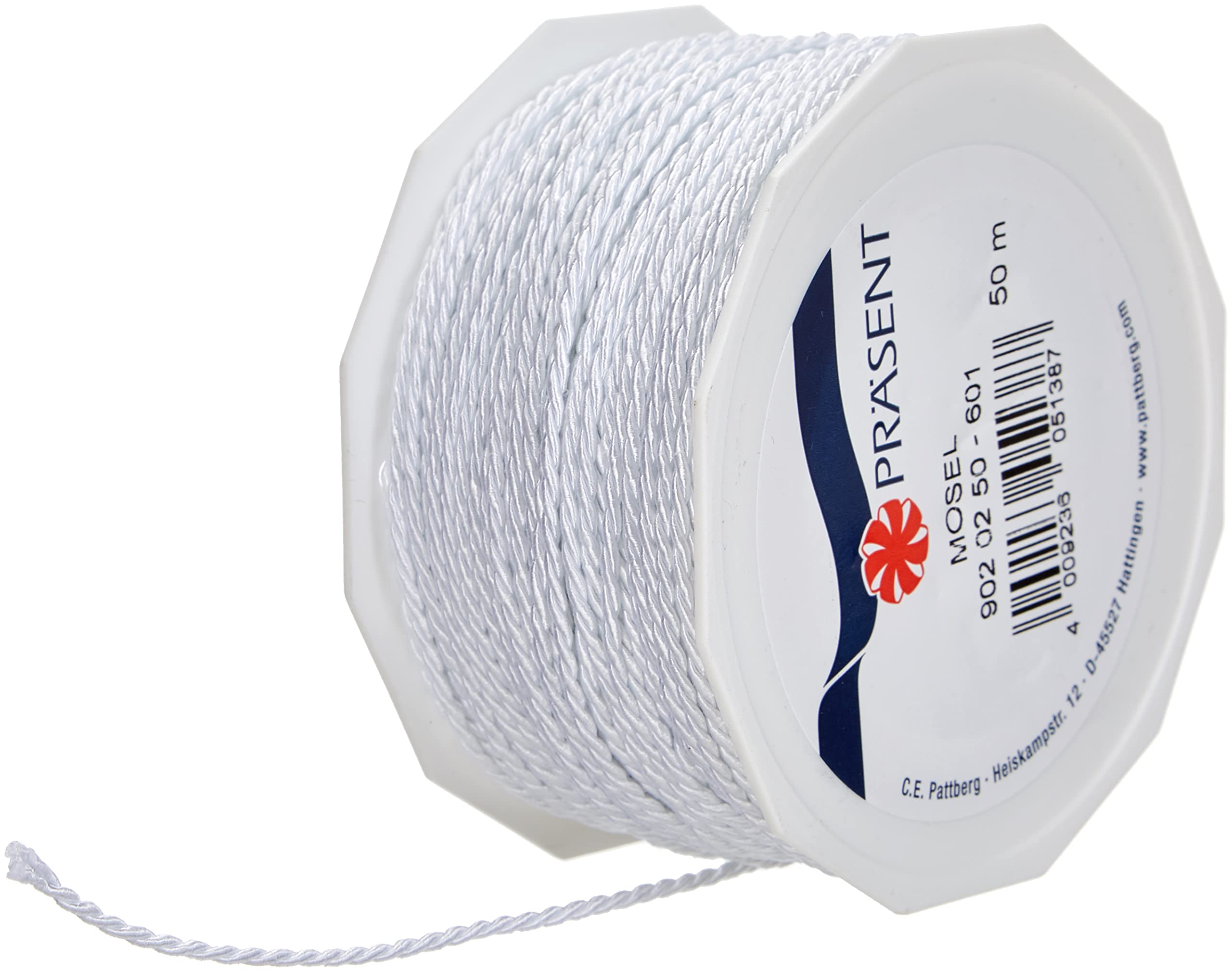 C.E. Pattberg Mosel Cord in White, 55 Yards of Braided Cord for Gifts, Parcels & Presents, 0.08 inches Width, Accessories for Decoration and Handicrafts, Tearproof Tape for Gift Wrapping