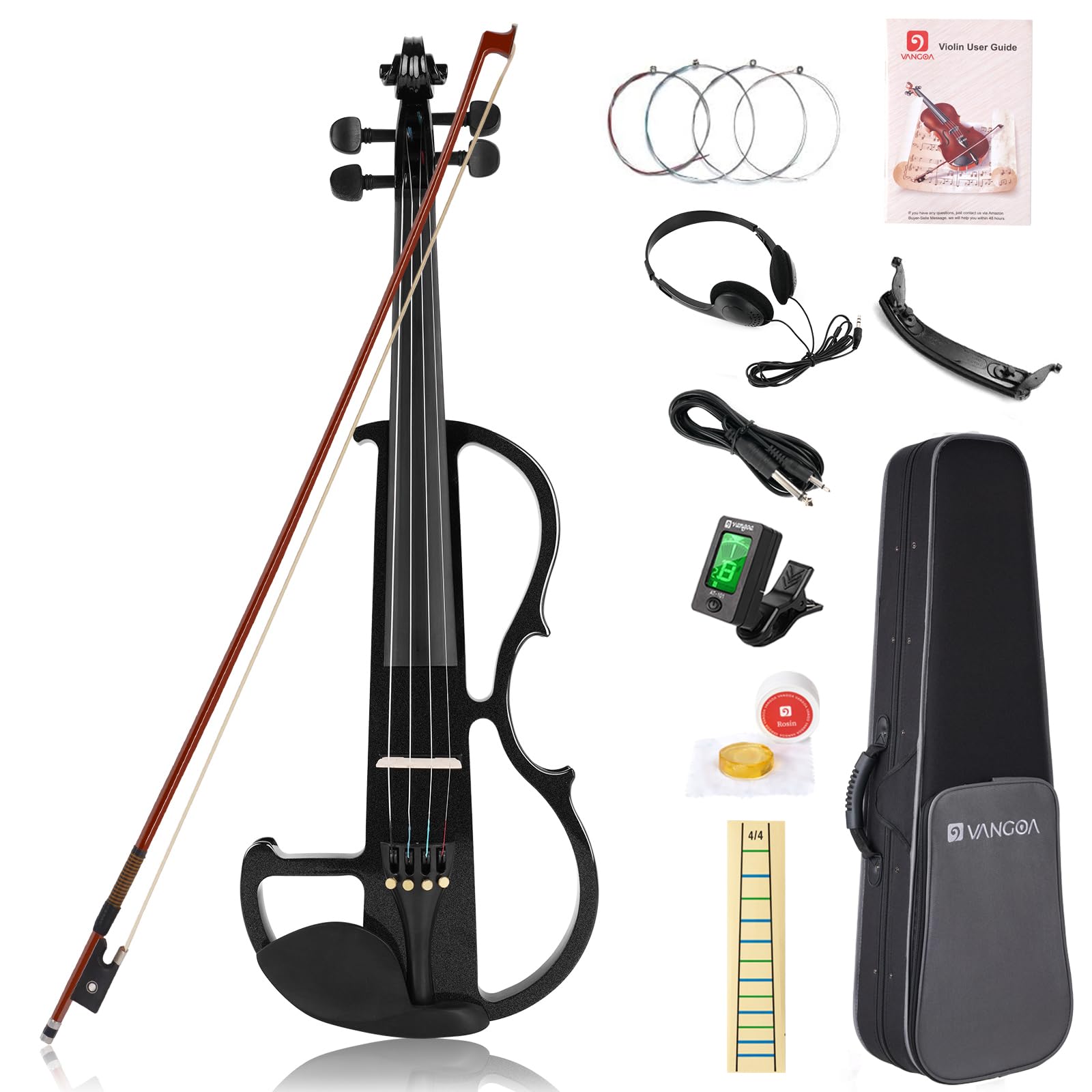Vangoa Electric Silent Violin 4/4 Full Size Violin Adult with Chin Rest,Ebony Fittings,Carrying Hard Case,Extra Strings,Audio Cable, Rosin,Bow,Solid Wood Black