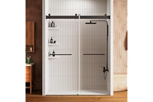 BAVILY 44-48 in W. x 76 in. H Frameless Shower Door, 5/16"(8mm) Clear SGCC Tempered Glass Shower Door, Double Sliding Shower Door, Shower Glass Door with Explosion-Proof Film, 18" Pull Handles, Matte Black