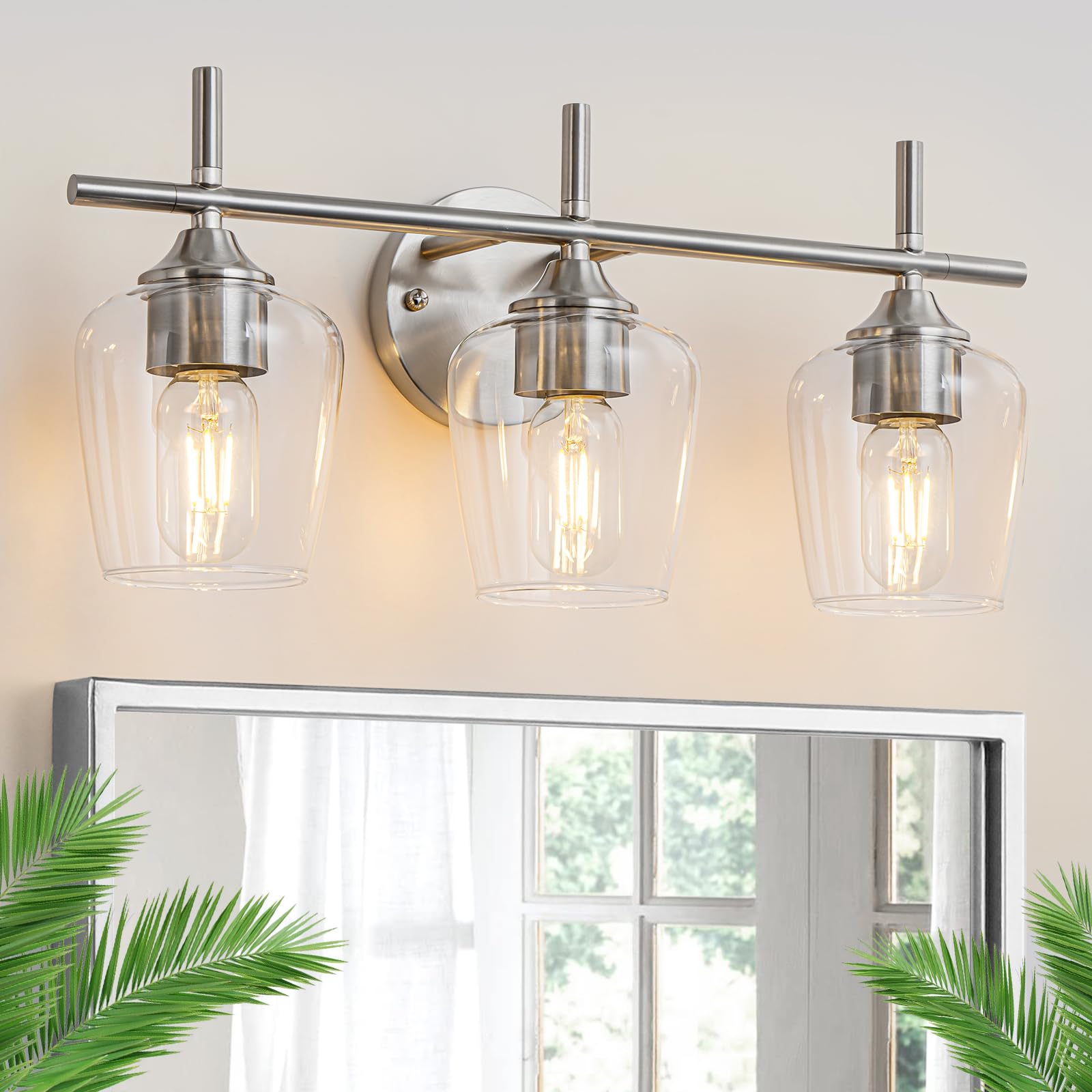 Photo 1 of ***MISSING OE GLASS SHADE-SELLING AS INCOMPLETE*** foucasal Bathroom Vanity Light Fixtures, 2-Lights Over Mirror Modern Vanity Lighting with Clear Wine Glass Shade Wall Lamp for Bedroom Hallway Living Room (Nickel, 2-Light)