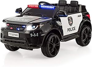 Costzon Kids Ride on Car, 12V Battery Powered Electric Police Truck w/ 2.4G Remote Control, Siren, LED Headlights, Microphone, Double Open Doors, Spring Suspension, SUV Vehicle for Children (Black)