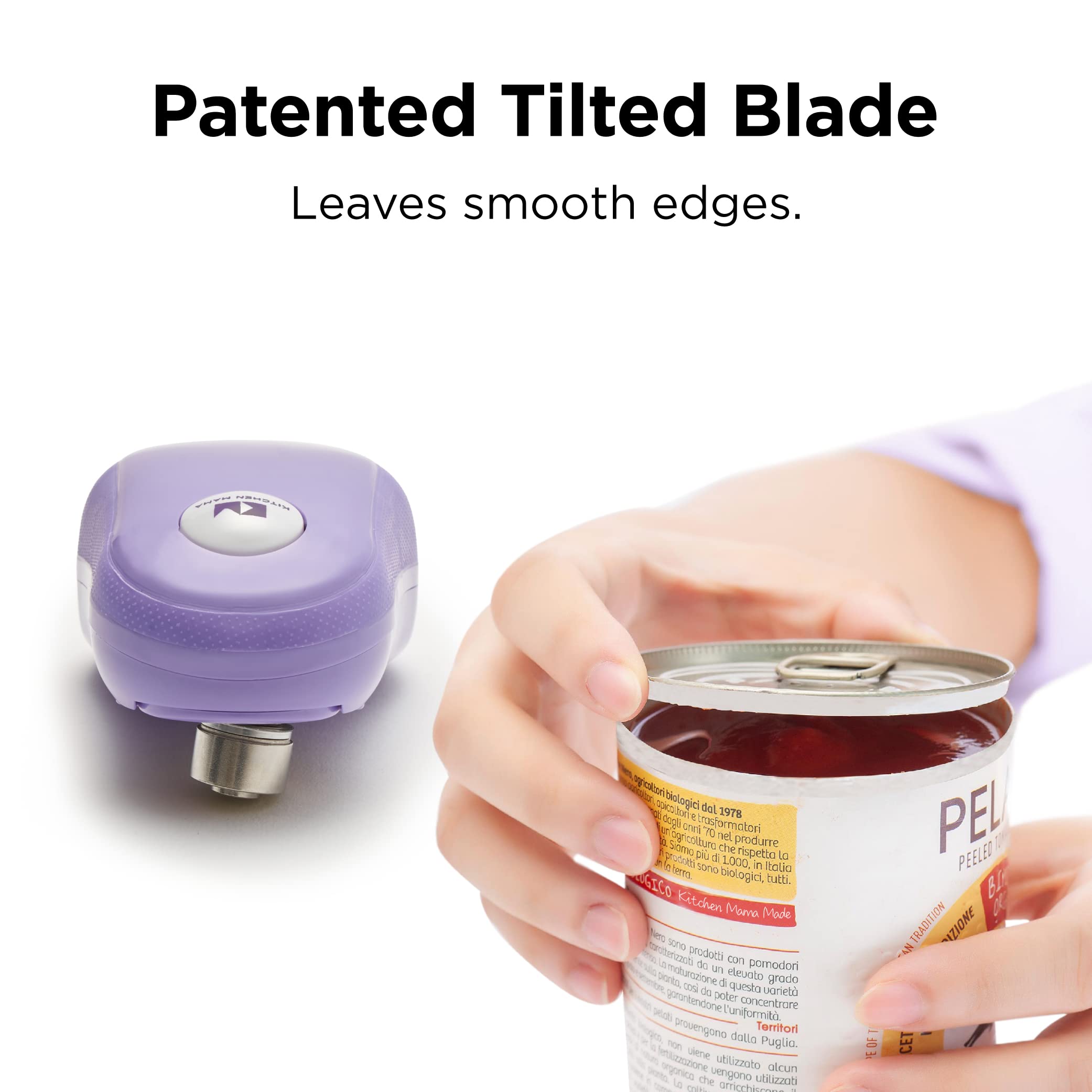Kitchen Mama One Touch Electric Can Opener: Open with Simple Press of A Button - Auto Stop As Task Completes, Ergonomic, Smooth Edge, Food-Safe, Battery Operated (Purple)
