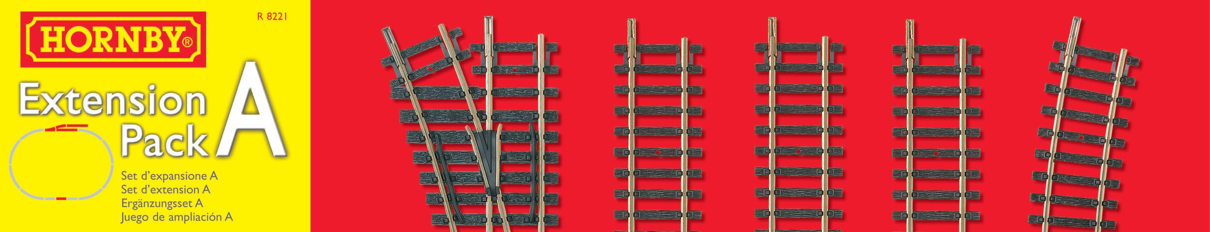 Hornby R8221 OO Gauge Track Extension Pack A - Extra Track Pieces for Model Railway Sets, Model Train Track Pieces, Includes - Straights, Double Straight, Curves, LH Point & Buffer Stop- Scale 1:76