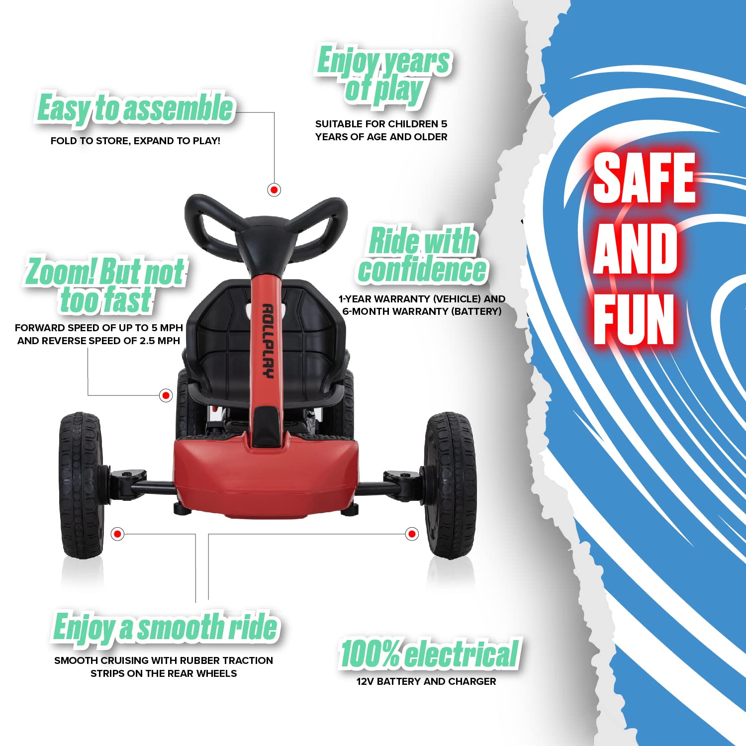 Rollplay Flex Kart XL 12V Electric Go Kart for Kids Aged 5+ Featuring Space-Saving Folding Function, Adjustable Seat, Anti-Slip Rubber Strips, and a Top Speed of 5 MPH