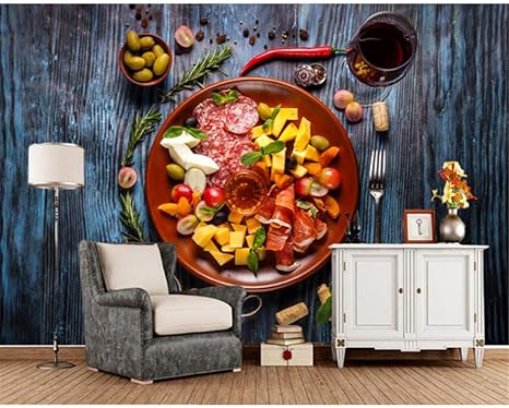 Amazon Xbwy Papel De Parede ソーセージオリーブ ハム チーズ ワイン ウッド プランク フード 3d 壁紙 ファストフードショップ レストラン ダイニングルーム キッチン 壁画 400x280cm 壁紙