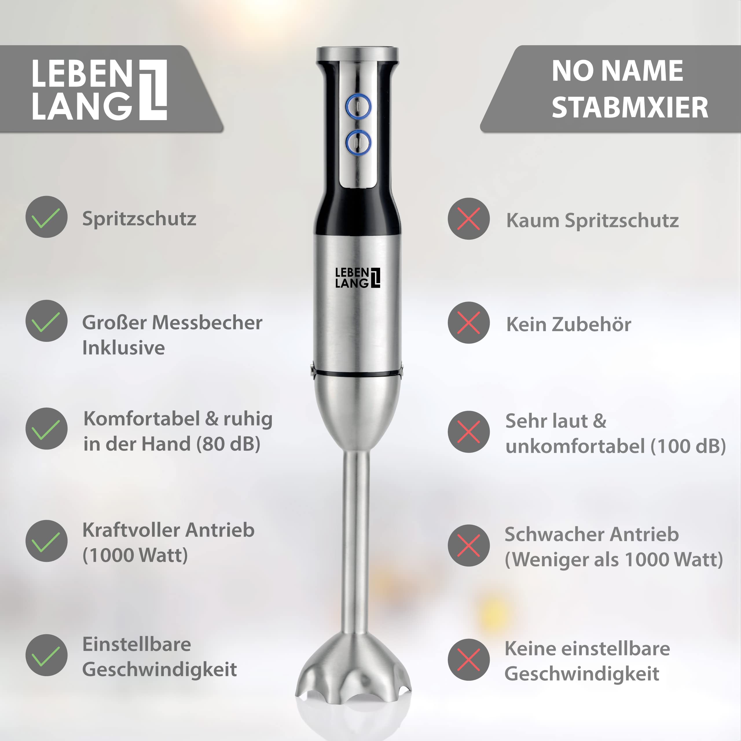 LEBENLANG 1000W Stabmixer Edelstahl - Mit Spritzschutz & 8 Stufen & Turbo 4