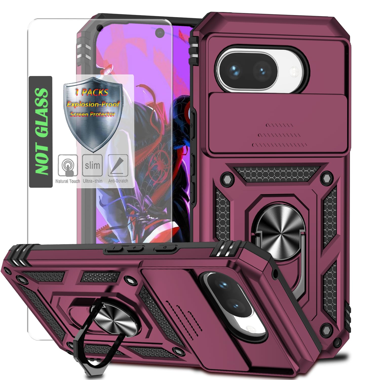 Photo 1 of AYMECL for Google Pixel 9A Case with Camera Lens Cover,HD Screen Protector,Military Grade Drop Protection,Magnetic Ring Holder Kickstand Protective Phone Case for Google Pixel 9A,Wine Red