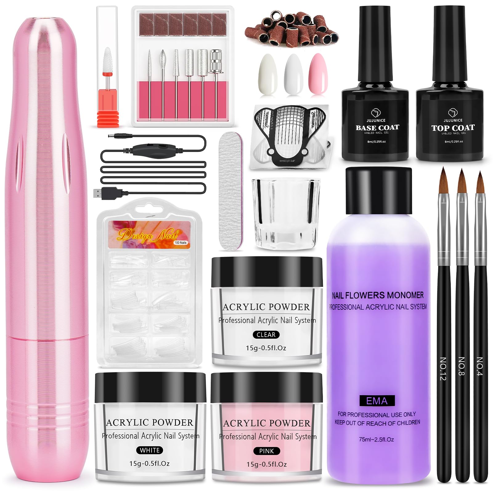 Acrylic Nail Kit for Beginners with Drill:3 Colors Acrylic Powder and 75ml Liquid Set - Nails Kit with Brush Top Coat Bast Coat 100PCS Nail Tips for Home Salon