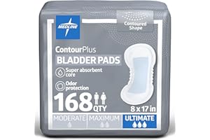Medline ContourPlus Bladder Pads, Women & Men, Discreet, Long Length, Incontinence, Overnight, Postpartum, Leaks, Ultimate Absorbency, 8x17, 168-Count