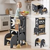 COSYLAND Toddler Standing Tower 4-in-1 Toddler Kitchen Stool Helper | Foldable Toddler Standing Tower with Double Blackboard, Kids Learning Desk and Chair Set, Elephant Grey and Natural