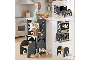 COSYLAND 4-in-1 Toddler Kitchen Step Stool, Foldable Learning Helper Standing Tower with Blackboard, Wooden Kitchen Stool Tow