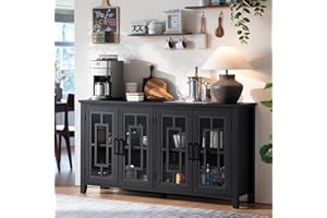 Joaxswe Large Sideboard Buffet Cabinet with Storage, 63" Black Farmhouse Kitchen Coffee Wine Bar Cabinet with 4 Glass Doors, Mid Century Modern Wooden Side Board Table for Dining Room, Living Room
