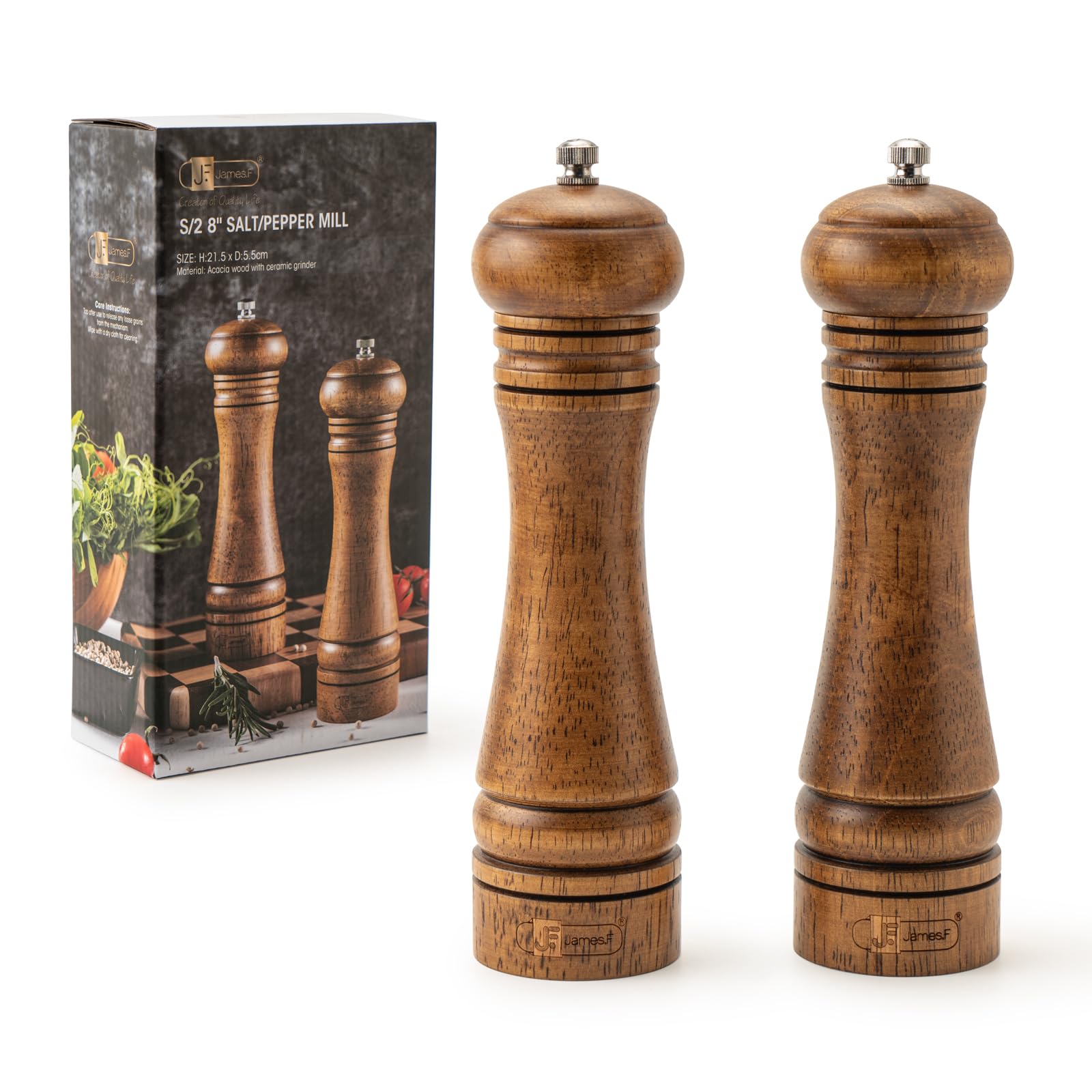 JF JAMES.F Salt and Pepper Mill Sets, 8 inch Wooden Salt and Pepper Grinders with Ceramic Core Wood Salt and Pepper Shakers Set of 2