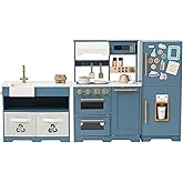 Teamson Kids Little Chef Atlanta Modular Play Kitchen, Blue/White/Gold | 3-Piece Pretend Set, 17 Accessories, Wooden, Realistic Features for Toddlers &amp; Kids