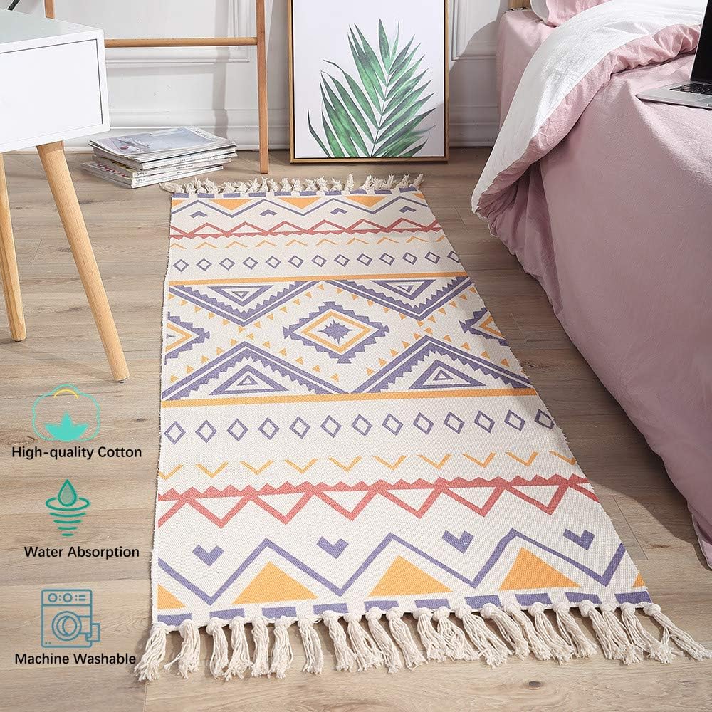 mychoose Ethnic Area Rug Plush Soft Cotton Woven Small Tassels Entryway Floor Mat Carpet Living Room Bedroom Kitchen House Area Rugs Machine Washable