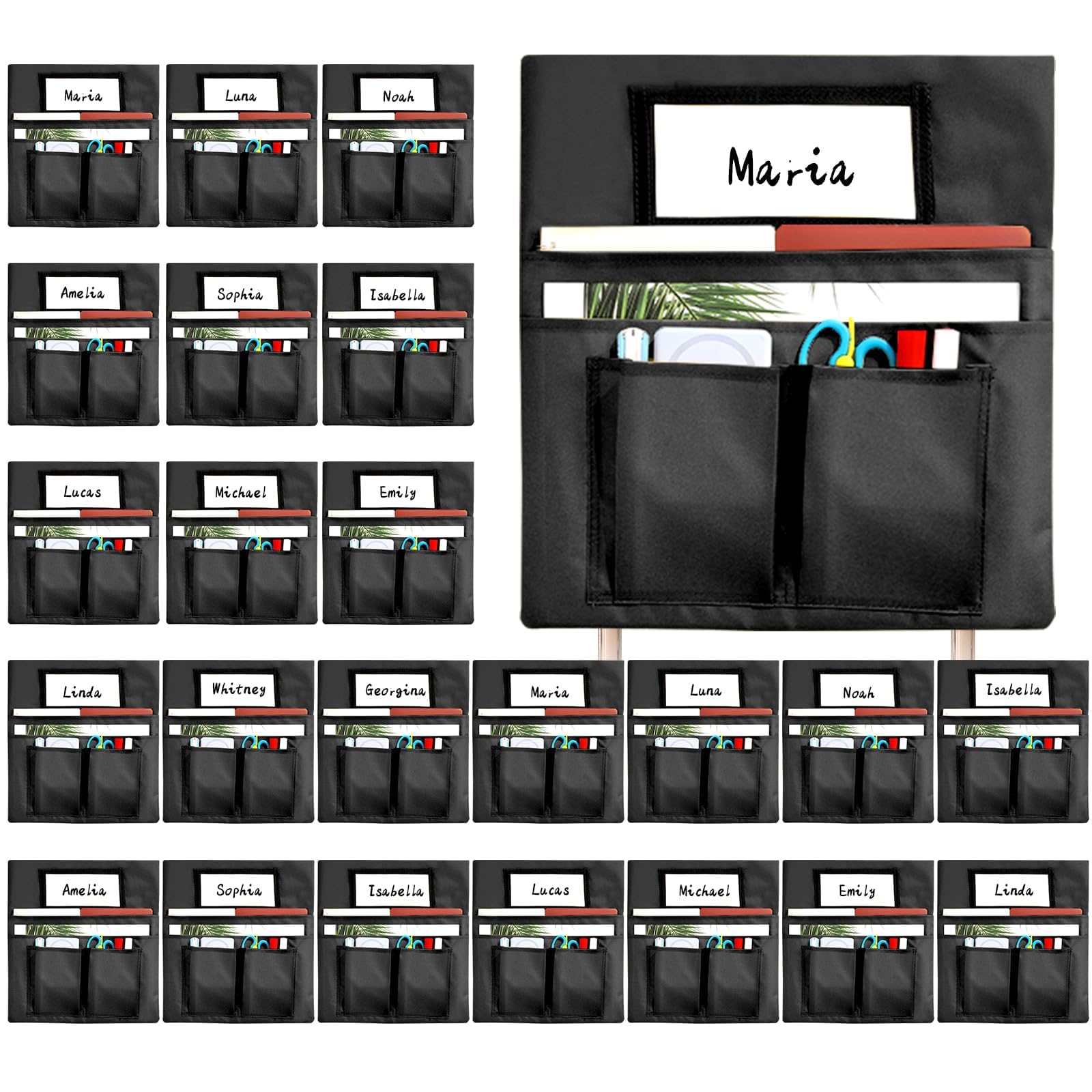 Photo 1 of 24 Pcs Chair Pockets for Classroom 13 x 14 inch Seat Sacks with Name Tag for Classroom Chairback Pocket Chart Multi Pockets K-2 Chairs Seat Back Organizer for Elementary School Home Supplies(Black)