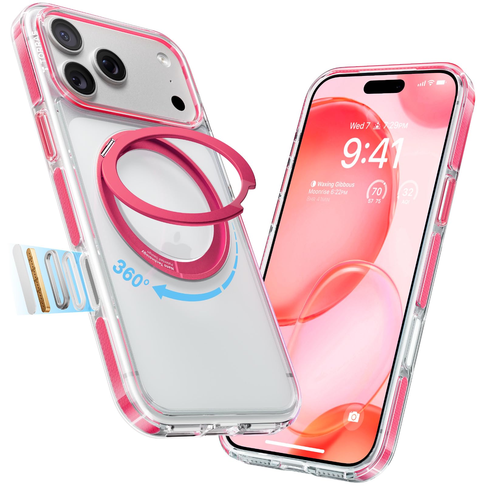 Photo 1 of TORRAS 360 Magnetic Stand for iPhone 17 Pro Max Case, [Fit for MagSafe] [Military-Grade Protection] Slim Case for iPhone 17 Pro Max 6.9" 2025, Clear-Pink, Ostand O3 Fitness Series