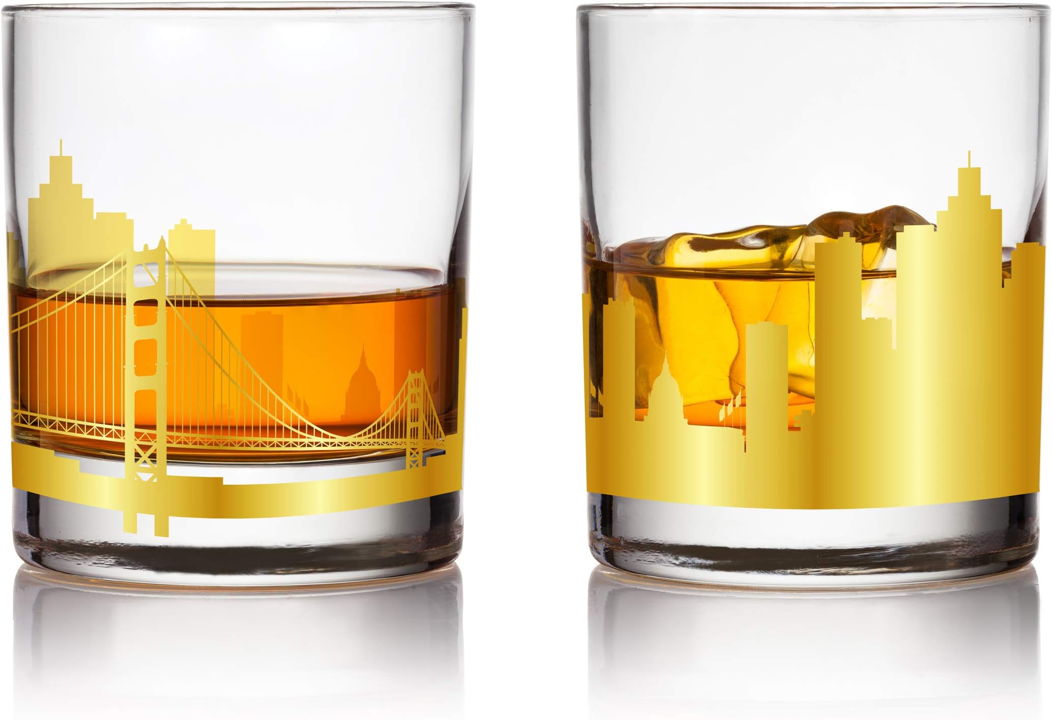 Premium Quality Handmade 14K Gold Leaf Foil Design San Francisco City Skyline 11oz Whiskey Glasses Deluxe Gift Set by Fine Occasion (2pk)