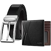 VULKIT Genuine Leather Reversible Belt & Slim Bifold Wallet - Luxury Gift Set, Black & Dark Brown Combo