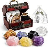 Crystals and Healing Stones, 9 Pcs Natural Protection Crystal Set | 7 Chakra Raw Reiki Stones with Selenite Pyramid, Energy Meditation with Wooden Box, Crystal Gifts Decor for Women