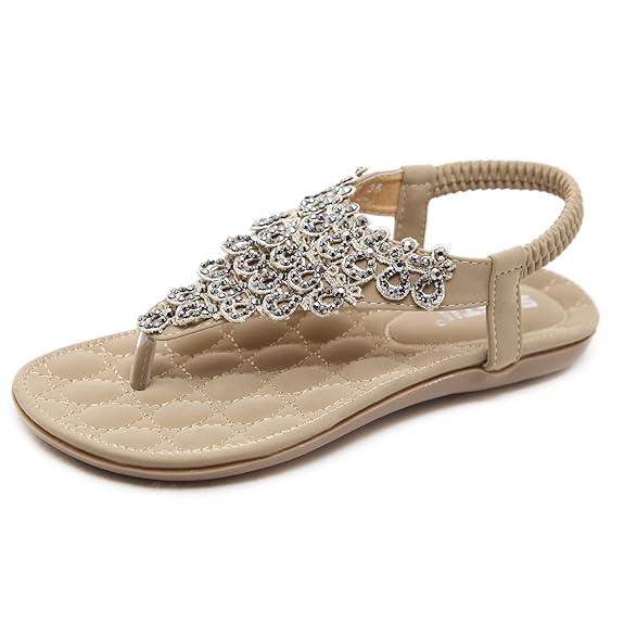 Damen Sandalen Zehentrenner Bohemian Strass Flach Sandaletten Sommer Strand Schuhe in Größe 35-42