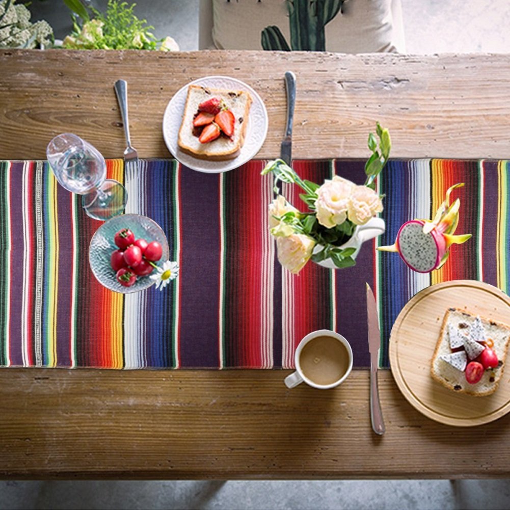 ShineU 84 x 14 inch Mexican Serape Table Runner with Fringed Ends, Vibrant Colors Cotton Woven Table Runner Ideal for Table Cloth Blanket Wall Decoration